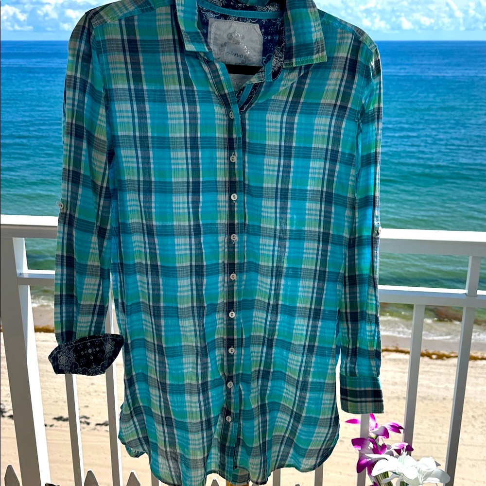 Soft plaid Blues and Green Plaid Button-Up Shirt.